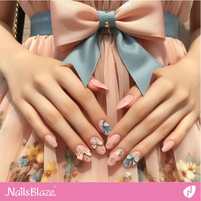 Blue and Peach Fuzz Bows Nail Design | Color of the Year 2024 - NB1956